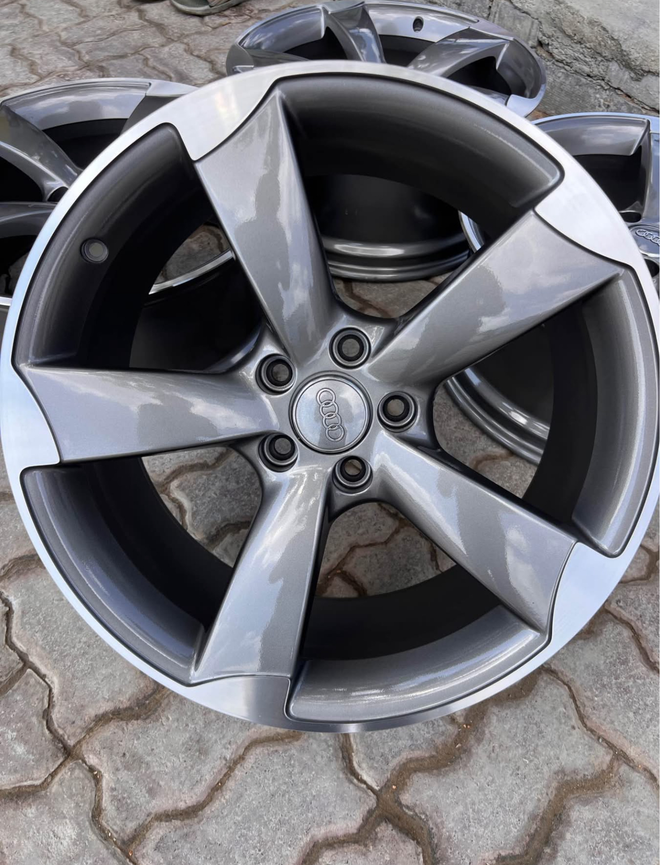 Audi S5 Rotor wheels (typically 19x9 ET33 or 20-inch variants) are highly sought-after for their concave, 5-spoke design and 5x112 bolt pattern, commonly found in ALLOYHUE titanium grey or black machined finishes. They fit Audi A5/S5 models (2012-2018) perfectly but can also fit other models, - Image 3