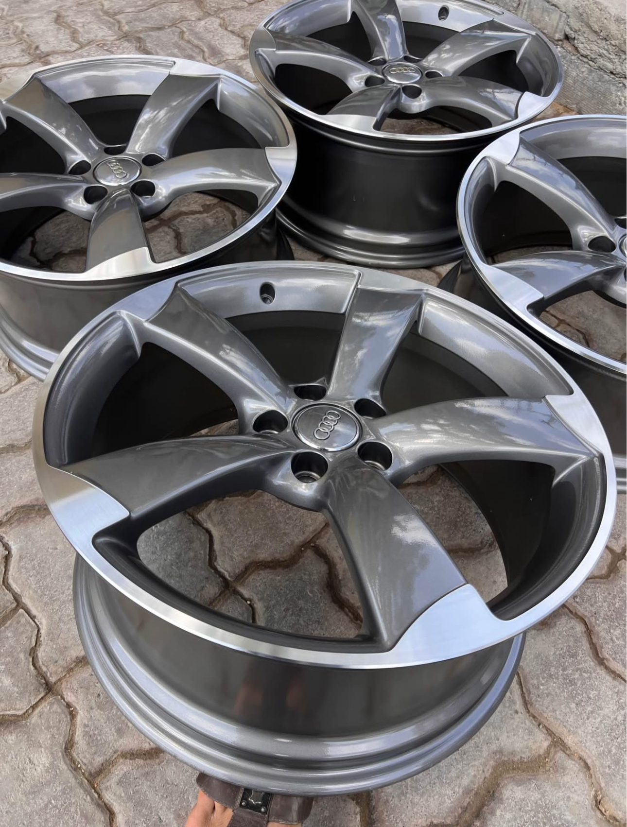 Audi S5 Rotor wheels (typically 19x9 ET33 or 20-inch variants) are highly sought-after for their concave, 5-spoke design and 5x112 bolt pattern, commonly found in ALLOYHUE titanium grey or black machined finishes. They fit Audi A5/S5 models (2012-2018) perfectly but can also fit other models, - Image 4